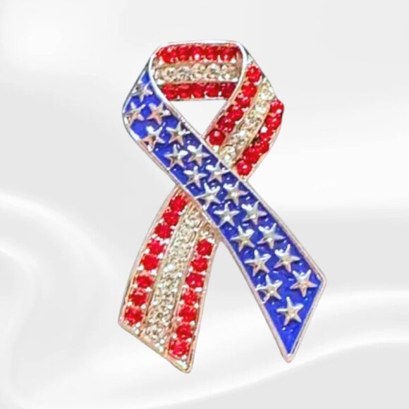 Patriotic USA Flag Ribbon Brooch | Red White Blue Rhinestone Pin | 4th of July - Picture 1 of 5